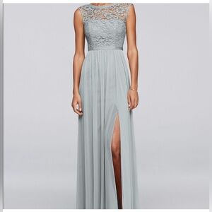 NWT DAVID’S BRIDAL bridesmaid Lace Dress gown with Long Mesh Skirt mystic gray